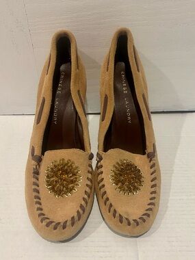 Chinese Laundry Tan Suede Heeled Loafers with Beaded Accent